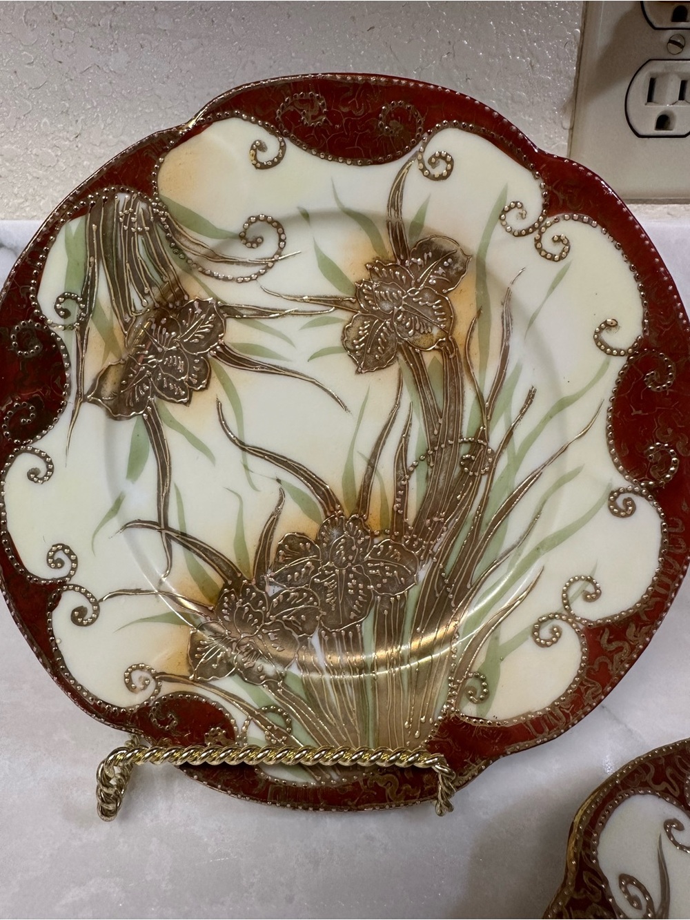 Antique Nippon Iris Plates Hand Painted Floral Gold Moriage Porcelain And Holder